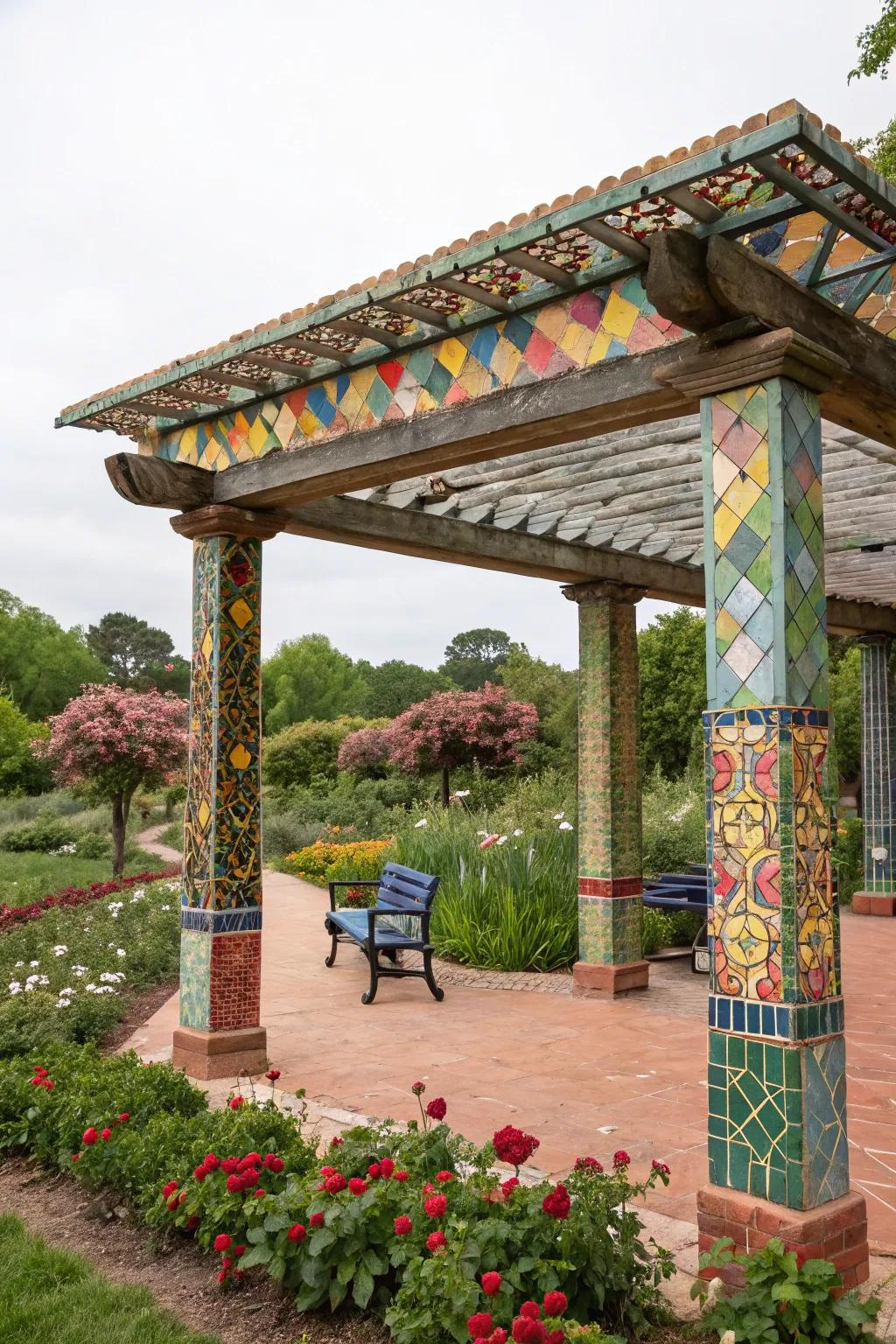 A mosaic tiling roof adds artistic flair to your arbor.