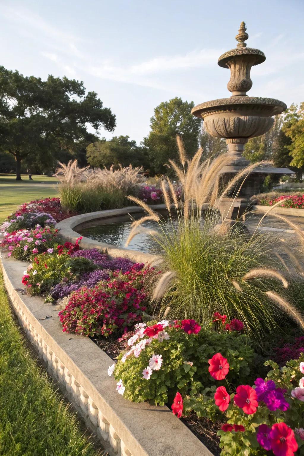 Fountain grass adds texture and height to petunia arrangements.