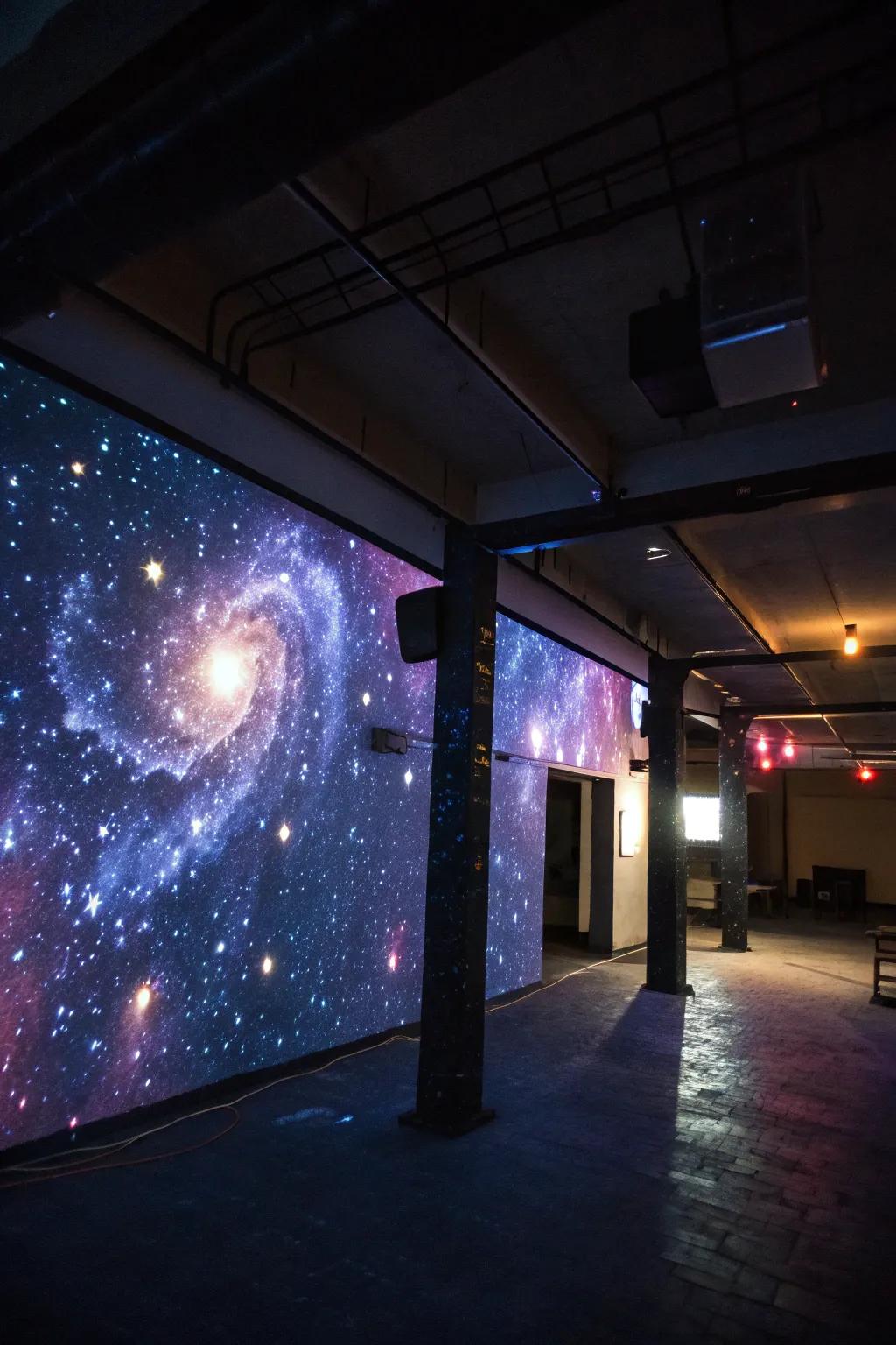 A galaxy-themed wall with cosmic projections, establishing a stellar photo op space.