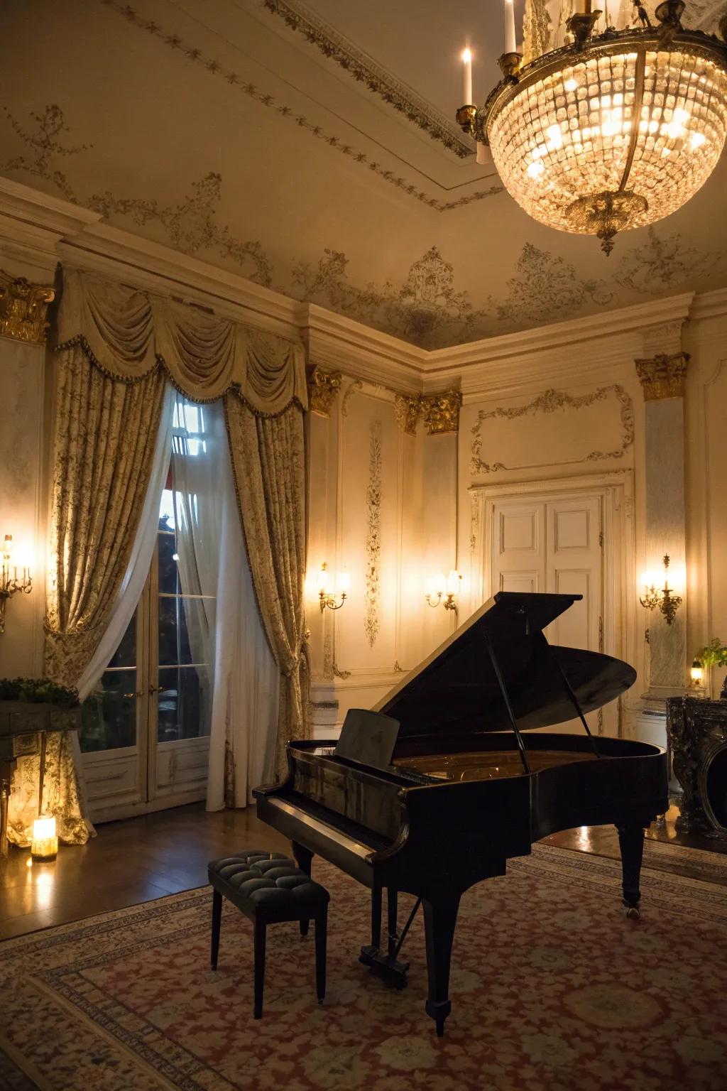 Ornamental illumination spotlights the piano and sets the mood.