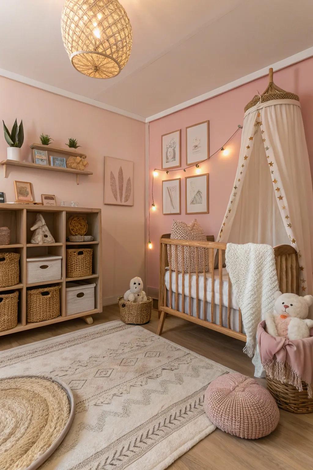 A nursery that blends rose with earthy hues for a nurturing feel.