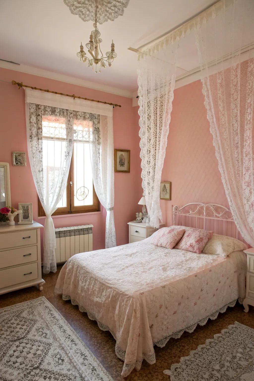 White lace and pink grace offer a classic and romantic bedroom style.