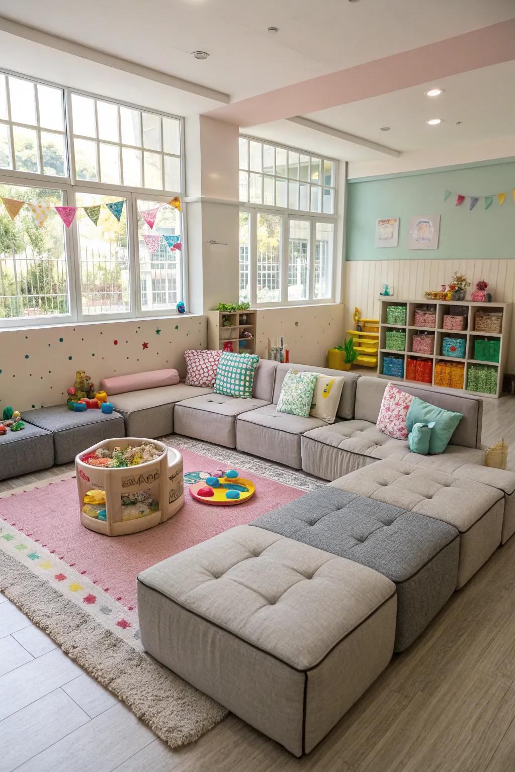 A flexible playroom showcasing adaptable couch pieces.