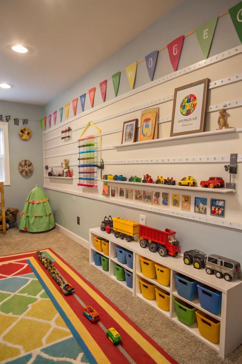 In a playroom, magnetic strips are used to neatly arrange metal toys.