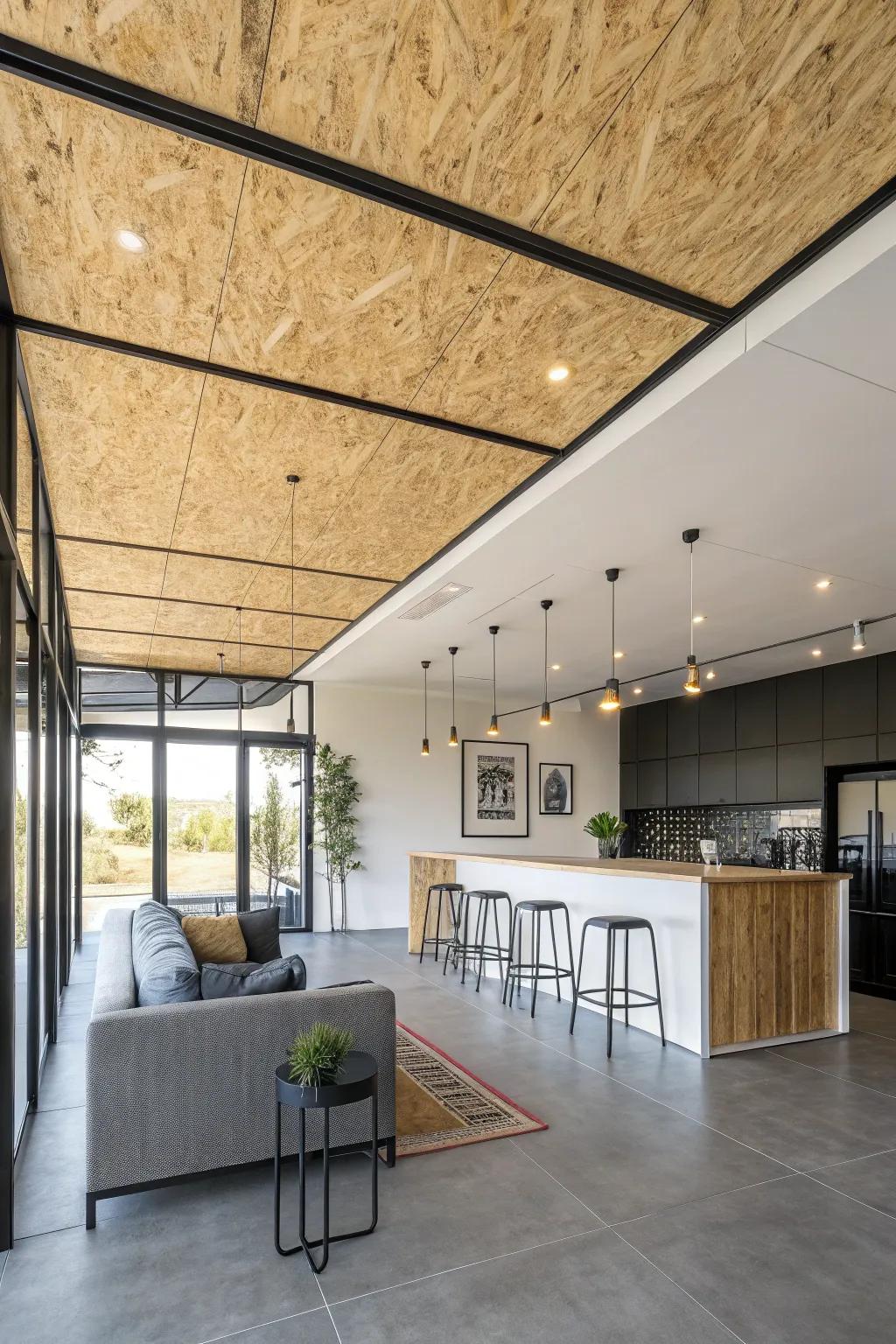 A modern room where opposing details enhance the plywood ceiling's appeal.