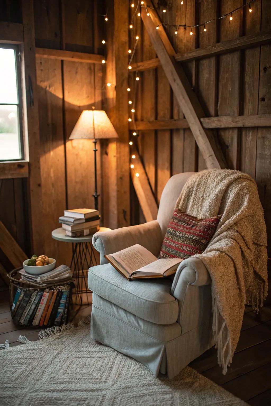 A cozy reading nook in a pole barn with a comfy chair and soft lighting.