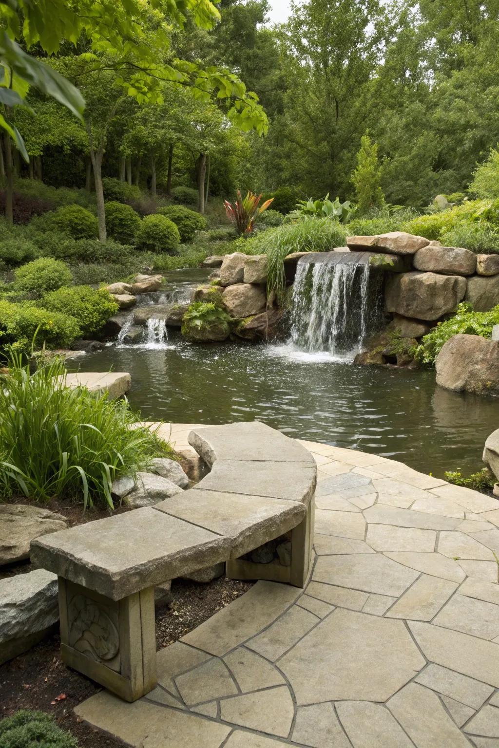 A seating zone by a waterfall provides a pacifying and serene experience.