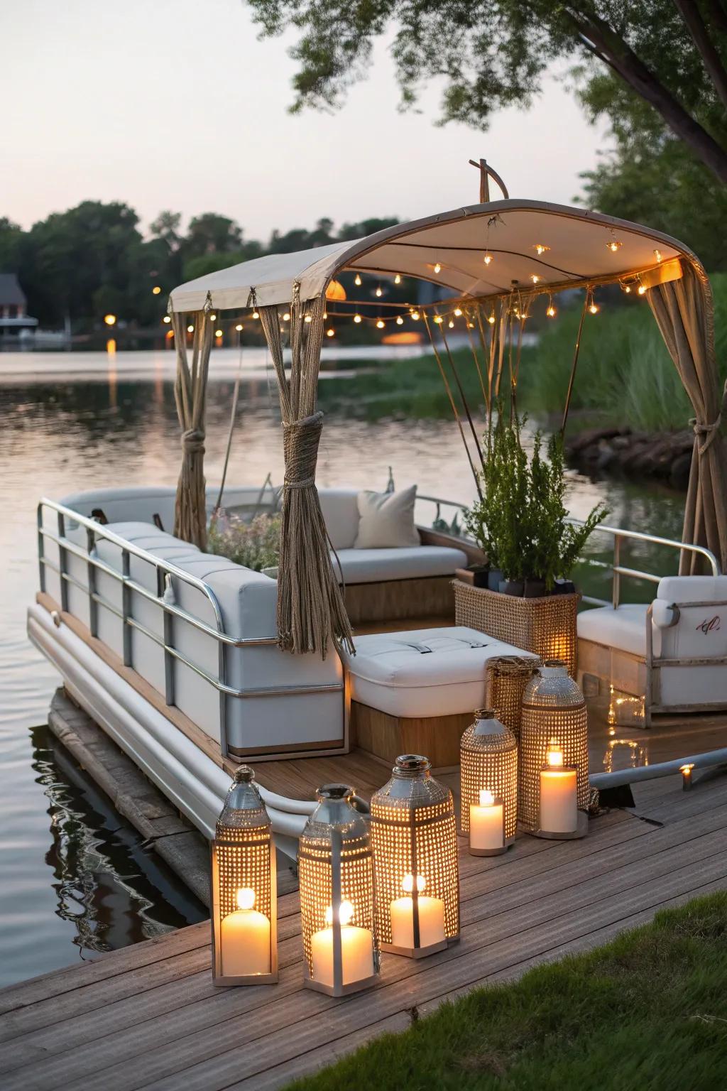 A pontoon boat designed with a Zen theme, providing a tranquil retreat on the water.