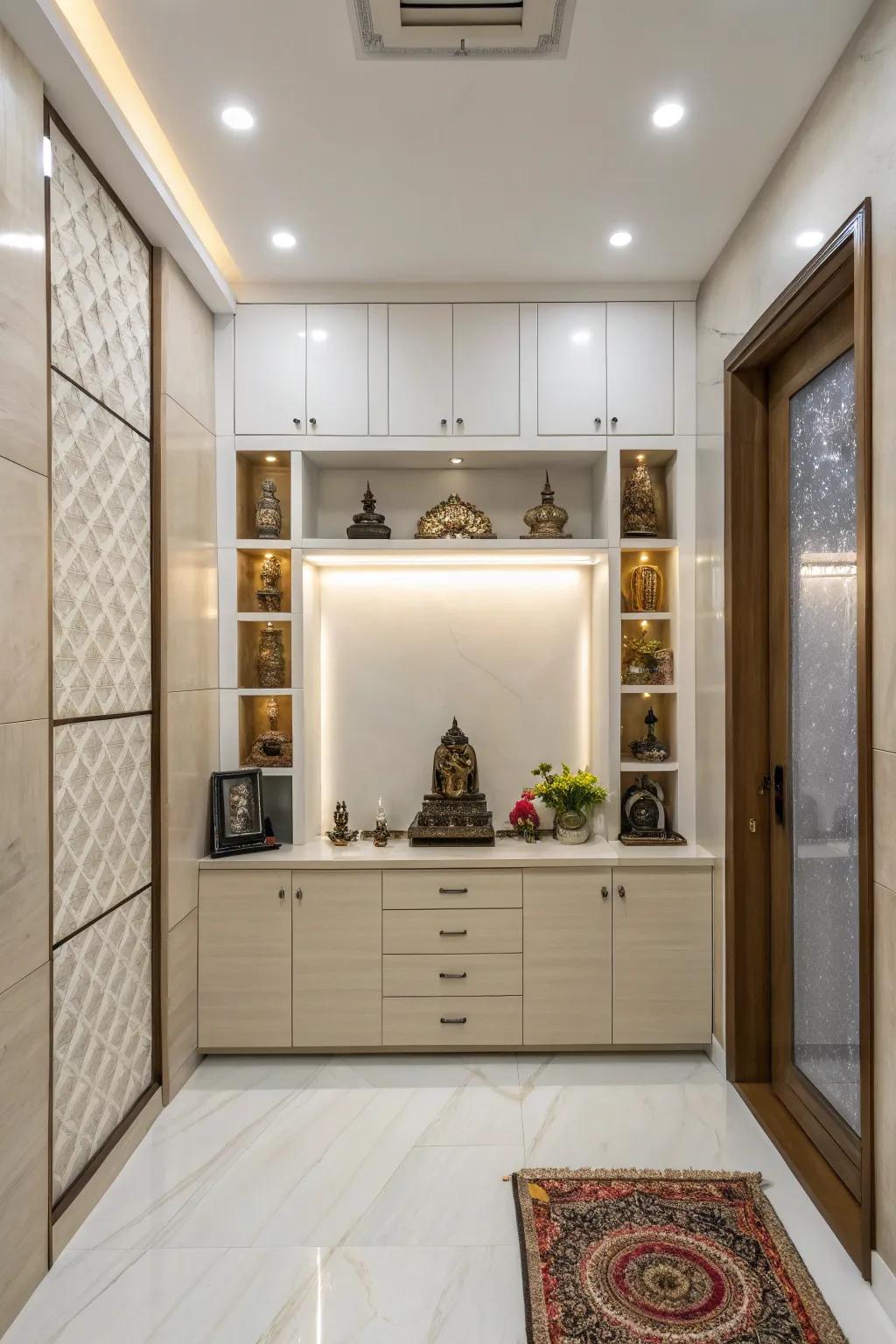 Hidden storage solutions keep this pooja room tidy and serene.