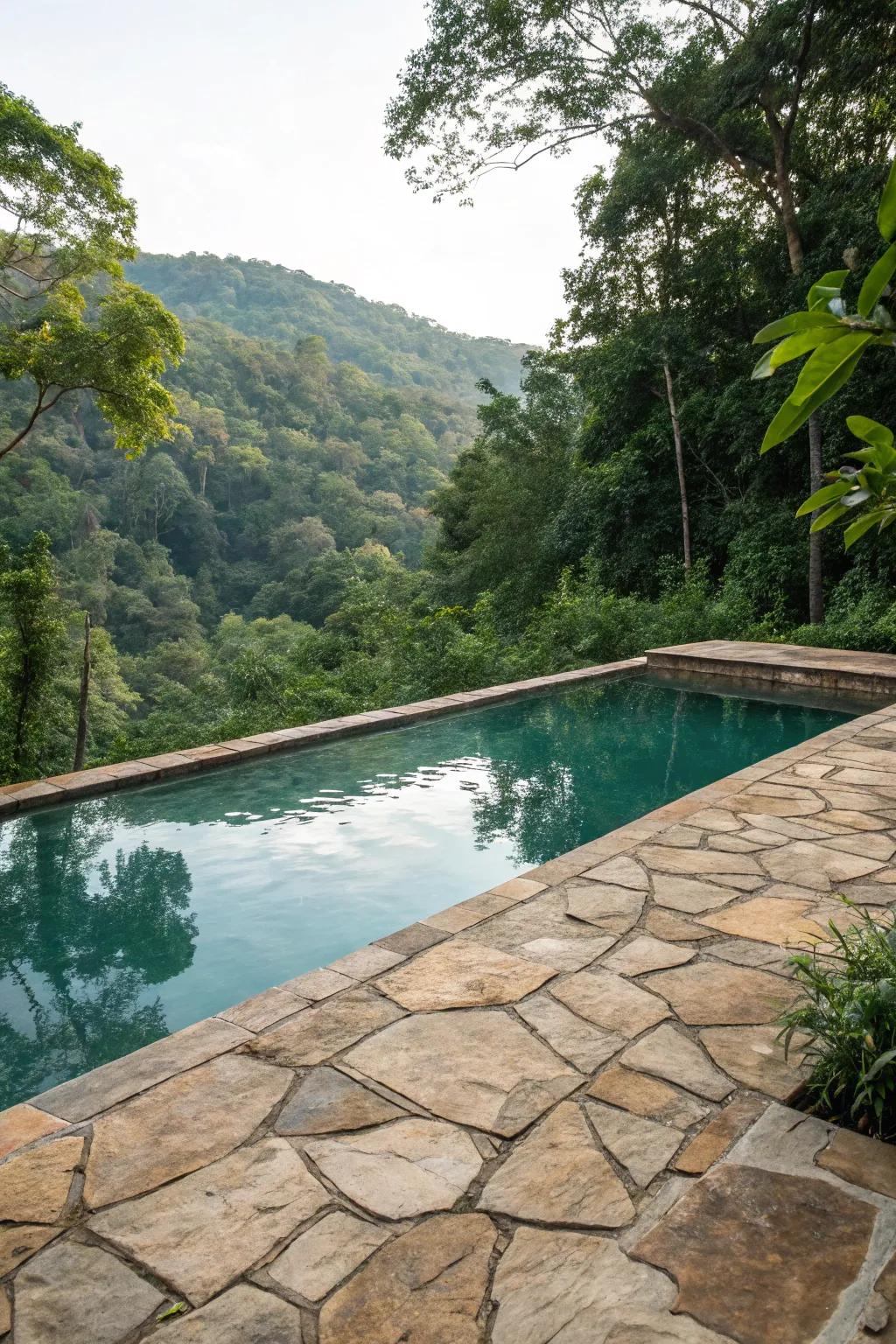 Natural stone tiles create a rustic and natural pool setting.