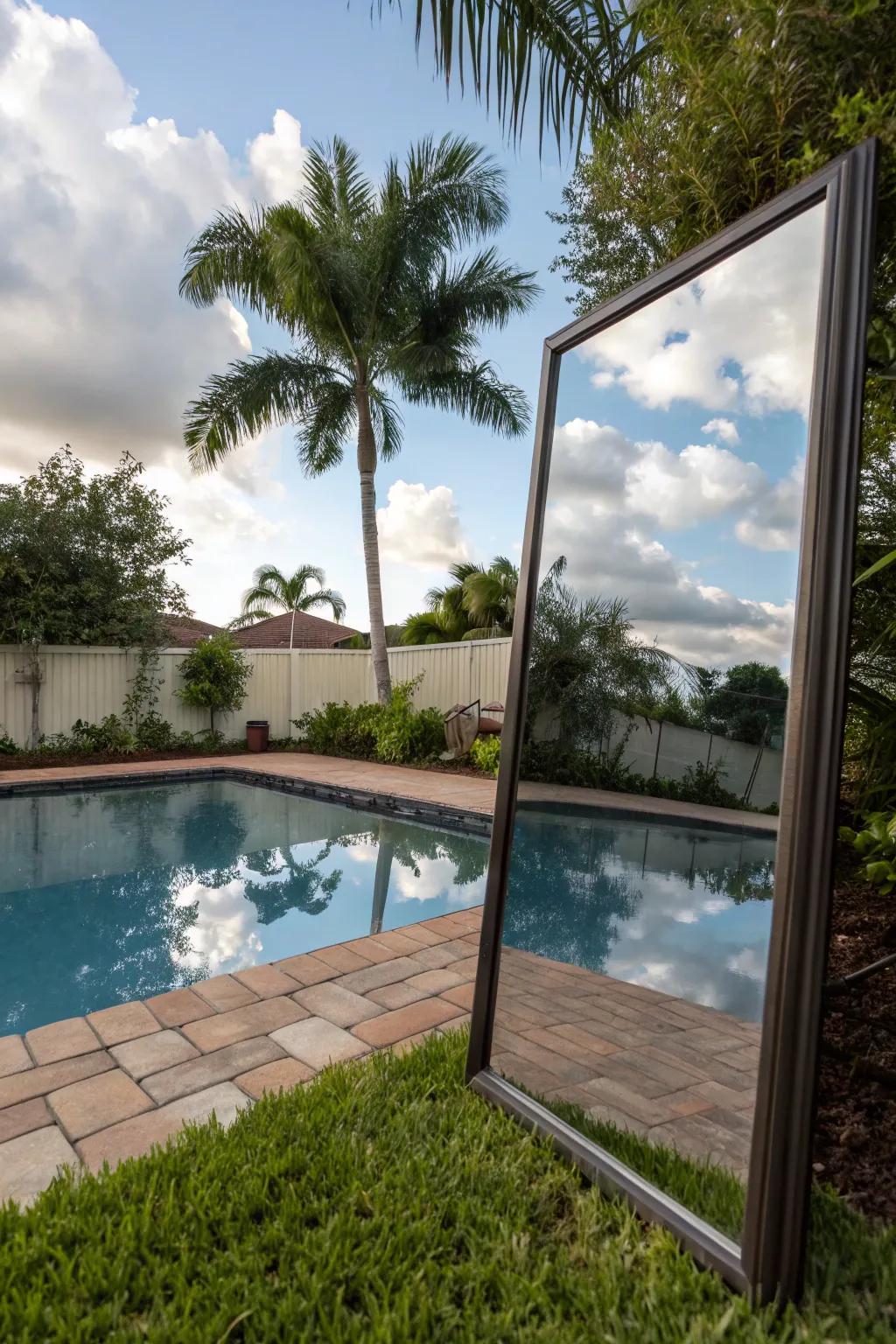 Expand your space with a creative exterior mirror reflecting the sky.