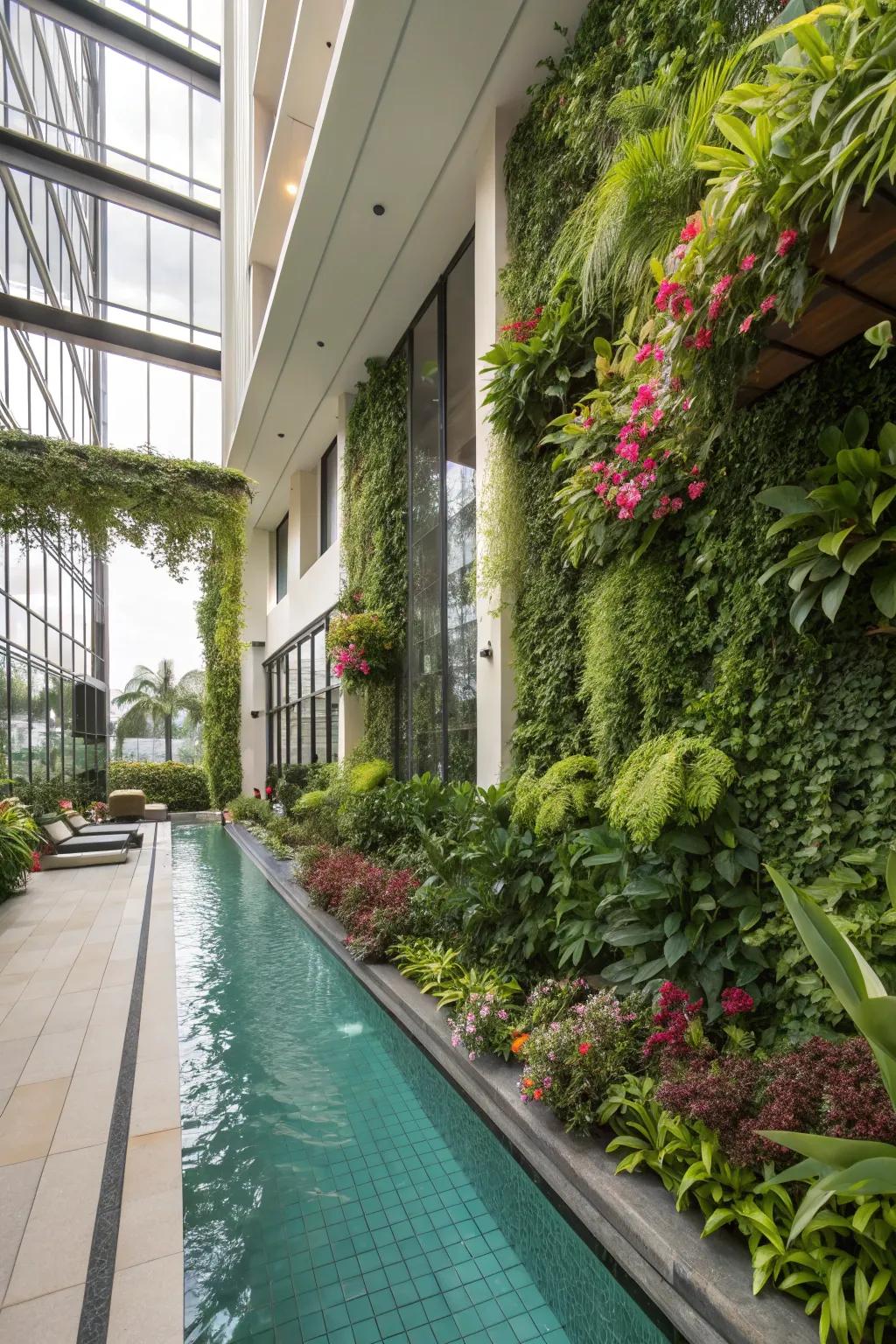 Vertical gardens add lushness without occupying ground space.