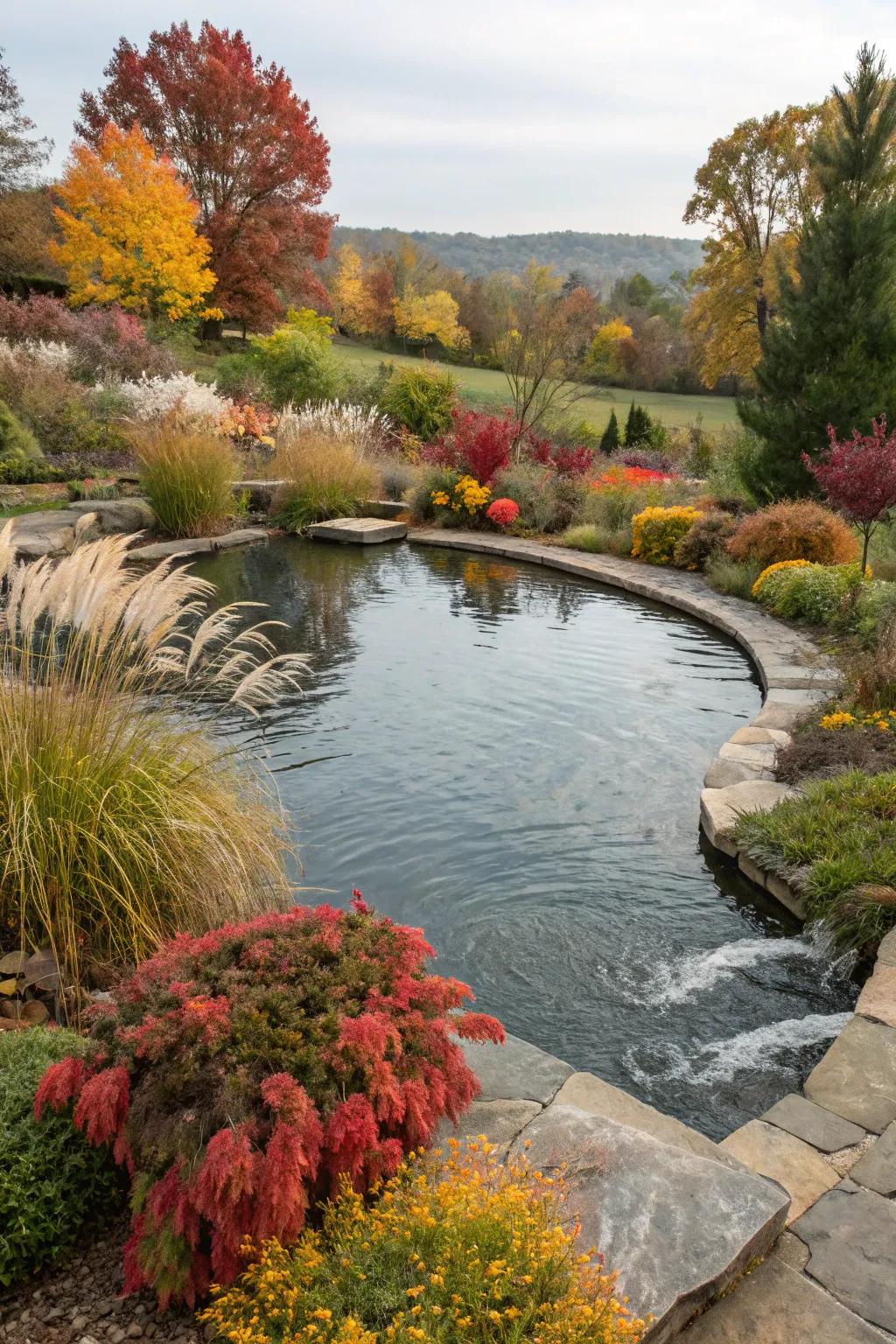 A pool pond displaying seasonal plantings.