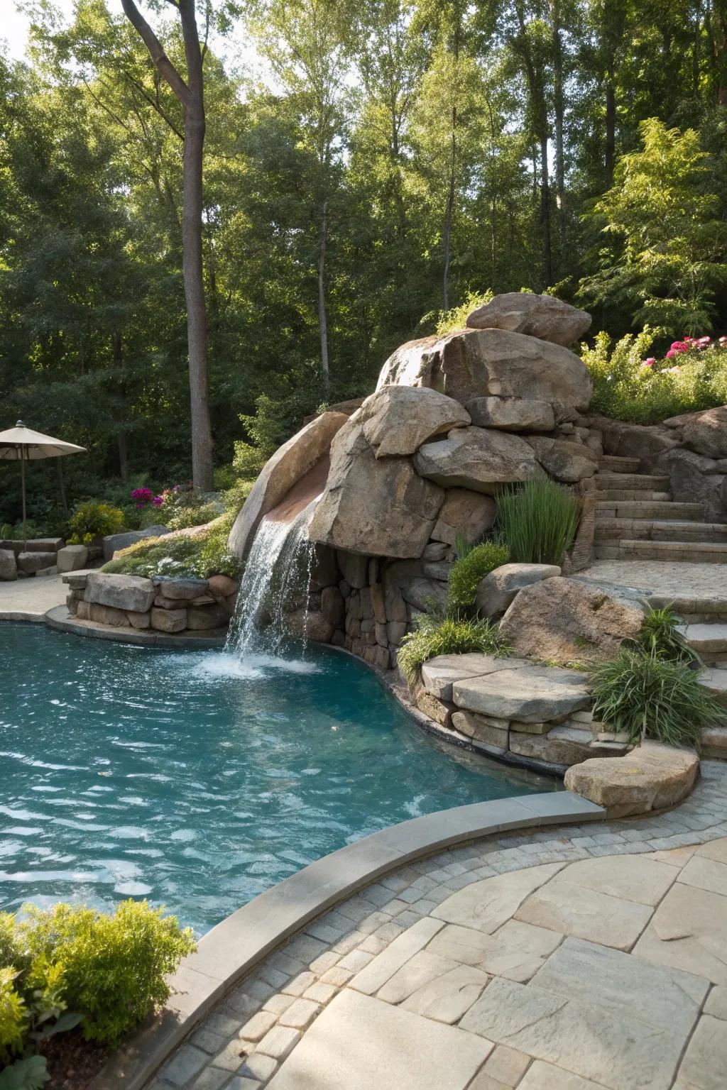 A rock slide adds thrill and adventure to your pool.