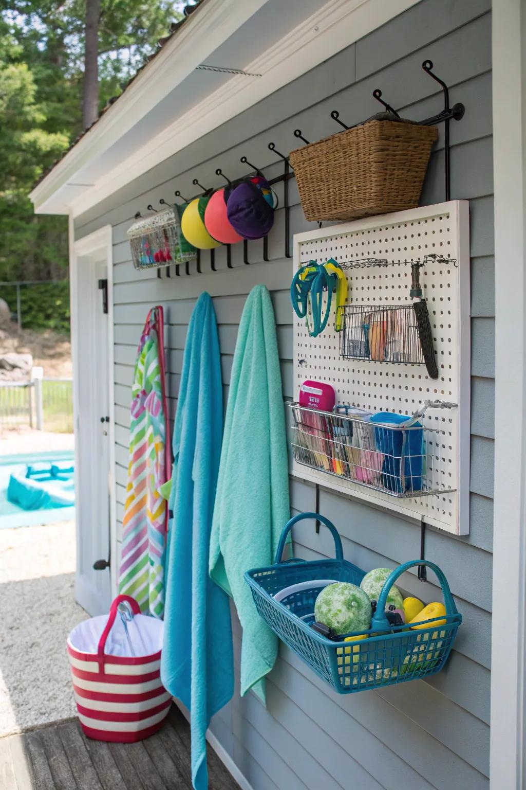 A pegboard offers flexible storage solutions that can be changed seasonally.