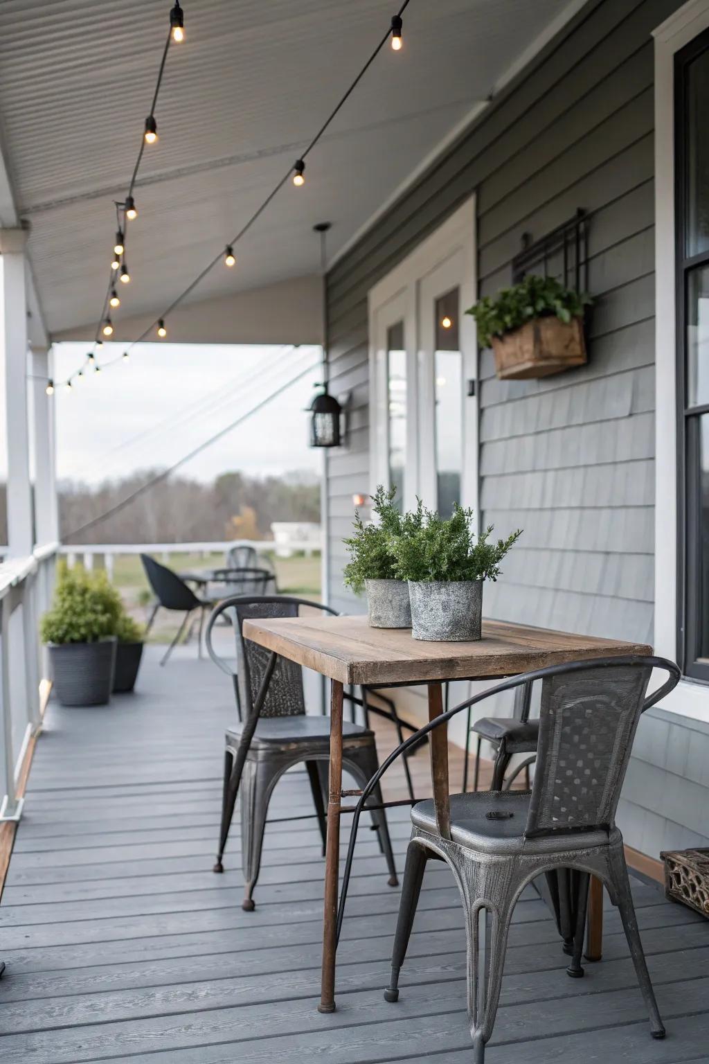 A metallic steel pewter porch that embraces a modern industrial aesthetic.