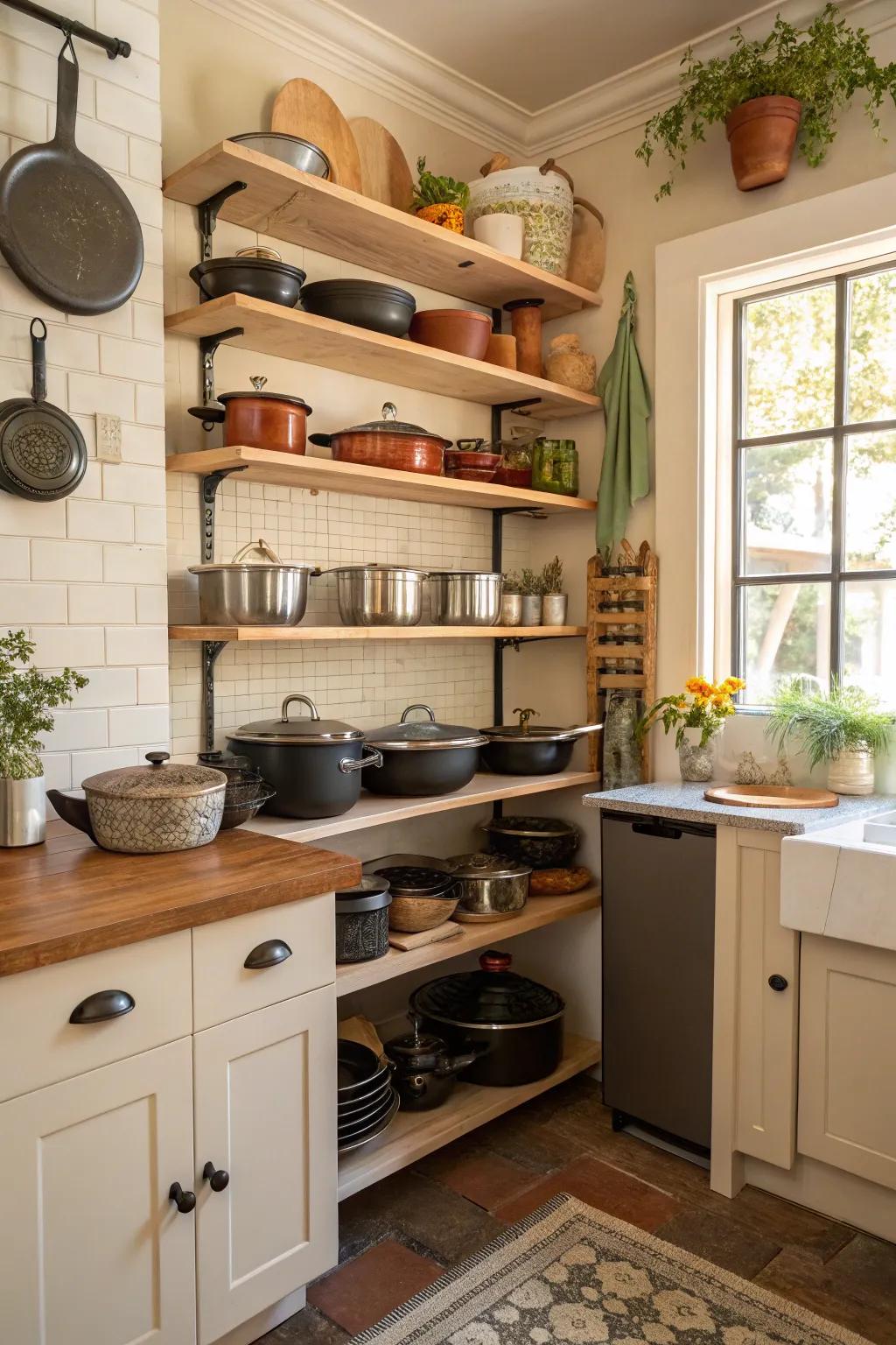 Open shelving beautifully displays cookware while being practical.