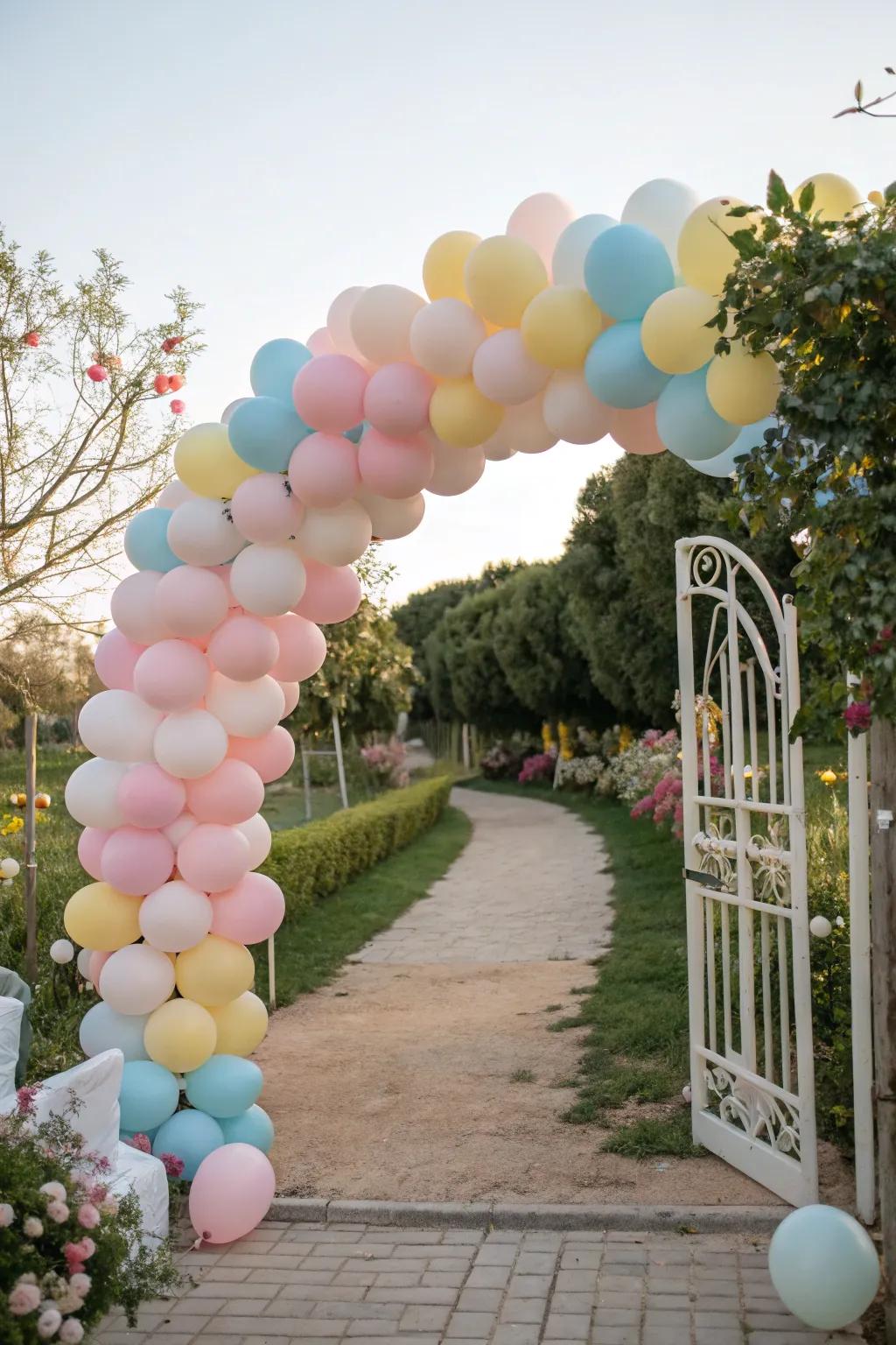 A grand entrance through a pastel balloon arch.