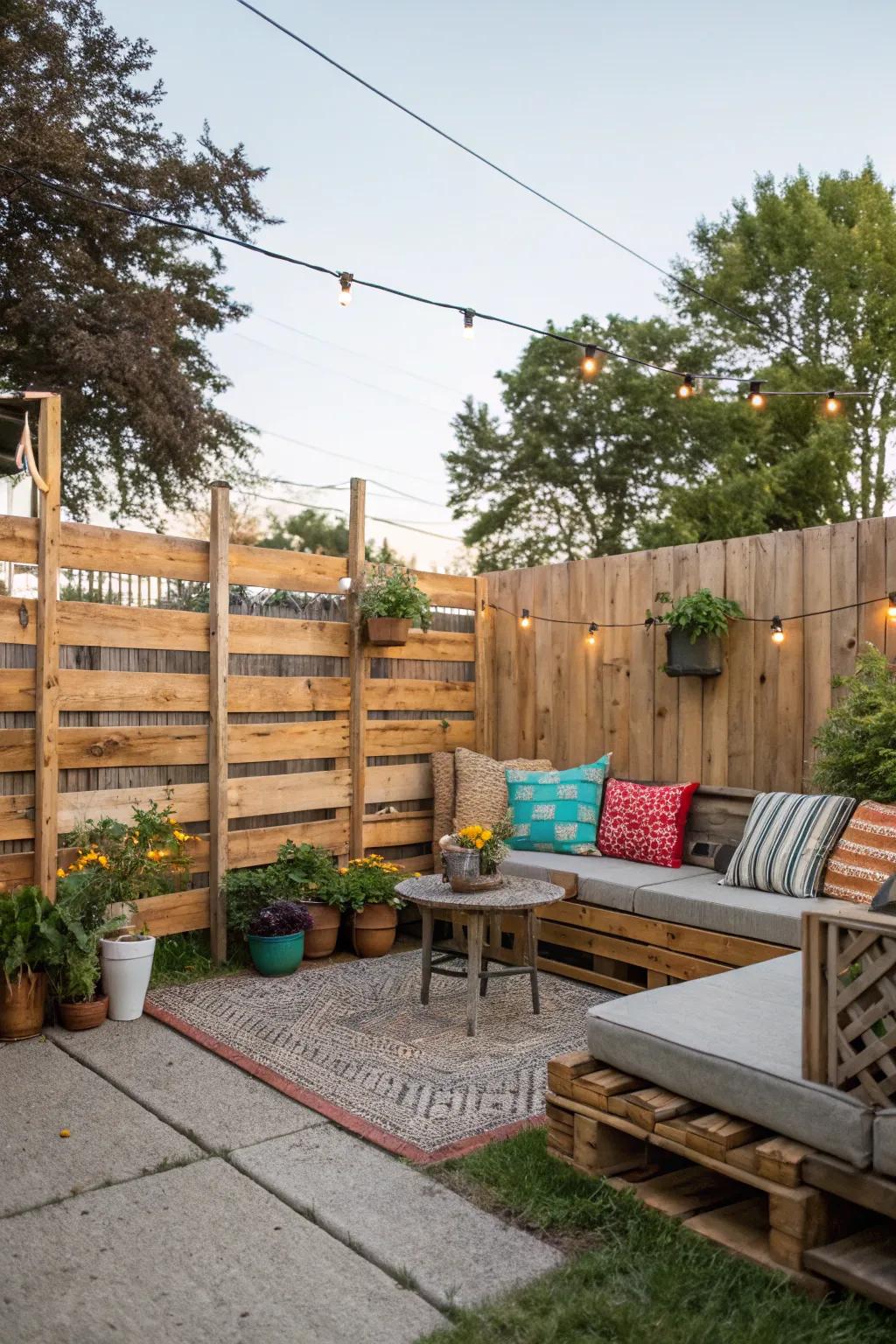 Pallet fences impart a budget-friendly and rustic charm.
