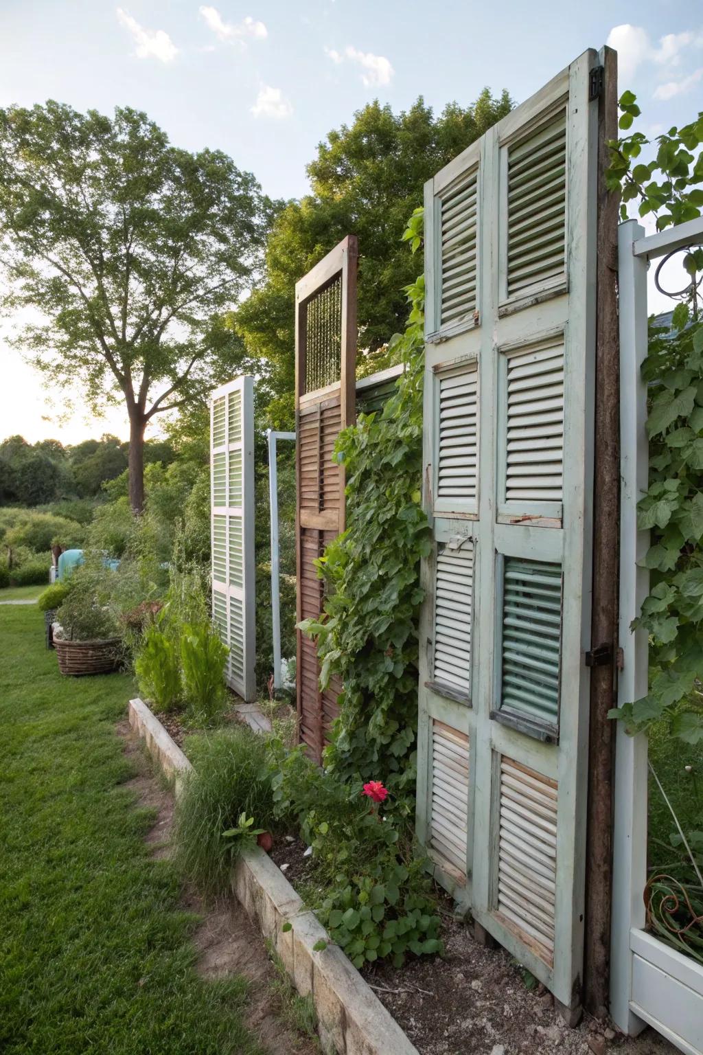 Recycled window shutters offer vintage charm and privacy.