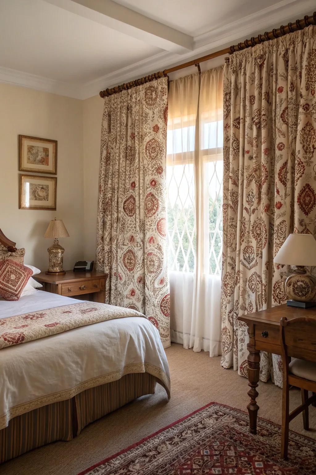 Graphic curtains enhance room decor while ensuring privacy.