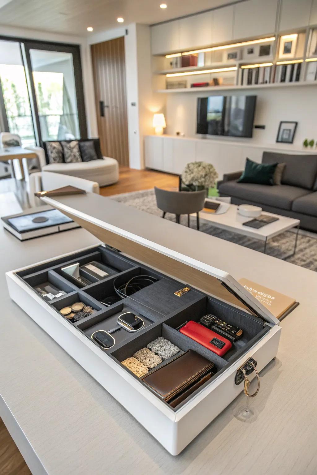 Concealed storage can maintain your display uncluttered and focused.