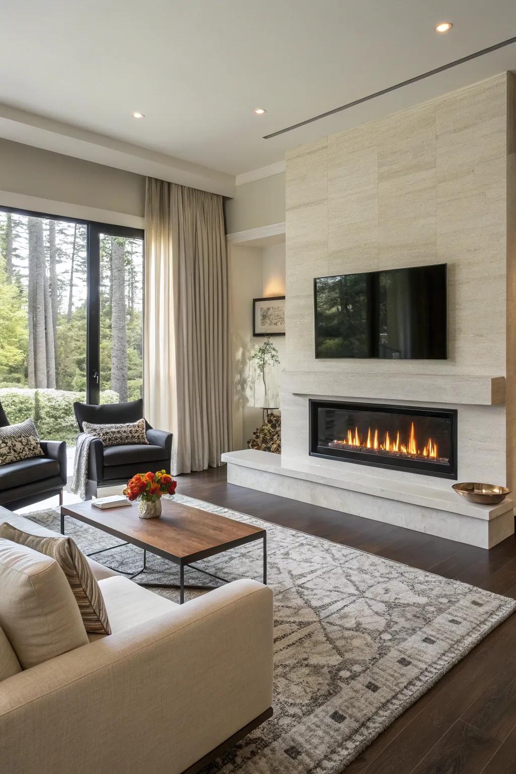 A modern living area with a top piece-free propane fireplace.