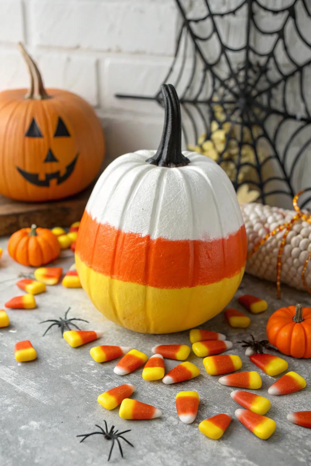 Candy corn pumpkins are a sweet seasonal treat.