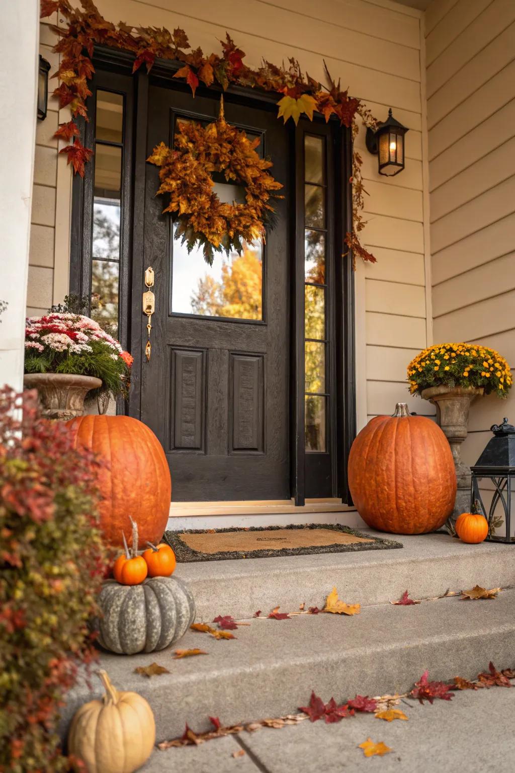 A bold entryway statement with large pumpkins.