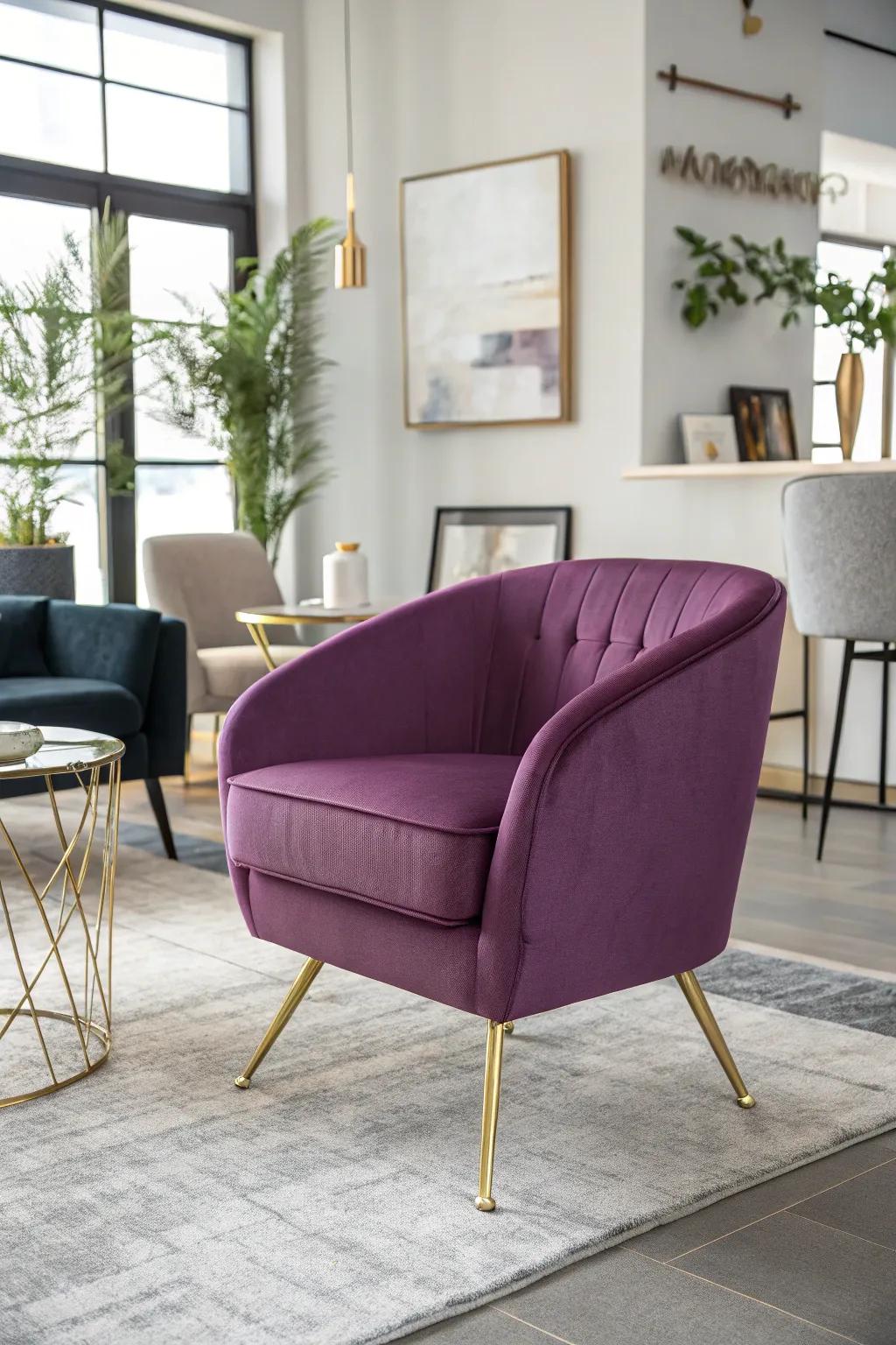 A daring purple armchair with gold legs serves as a fashionable statement piece.