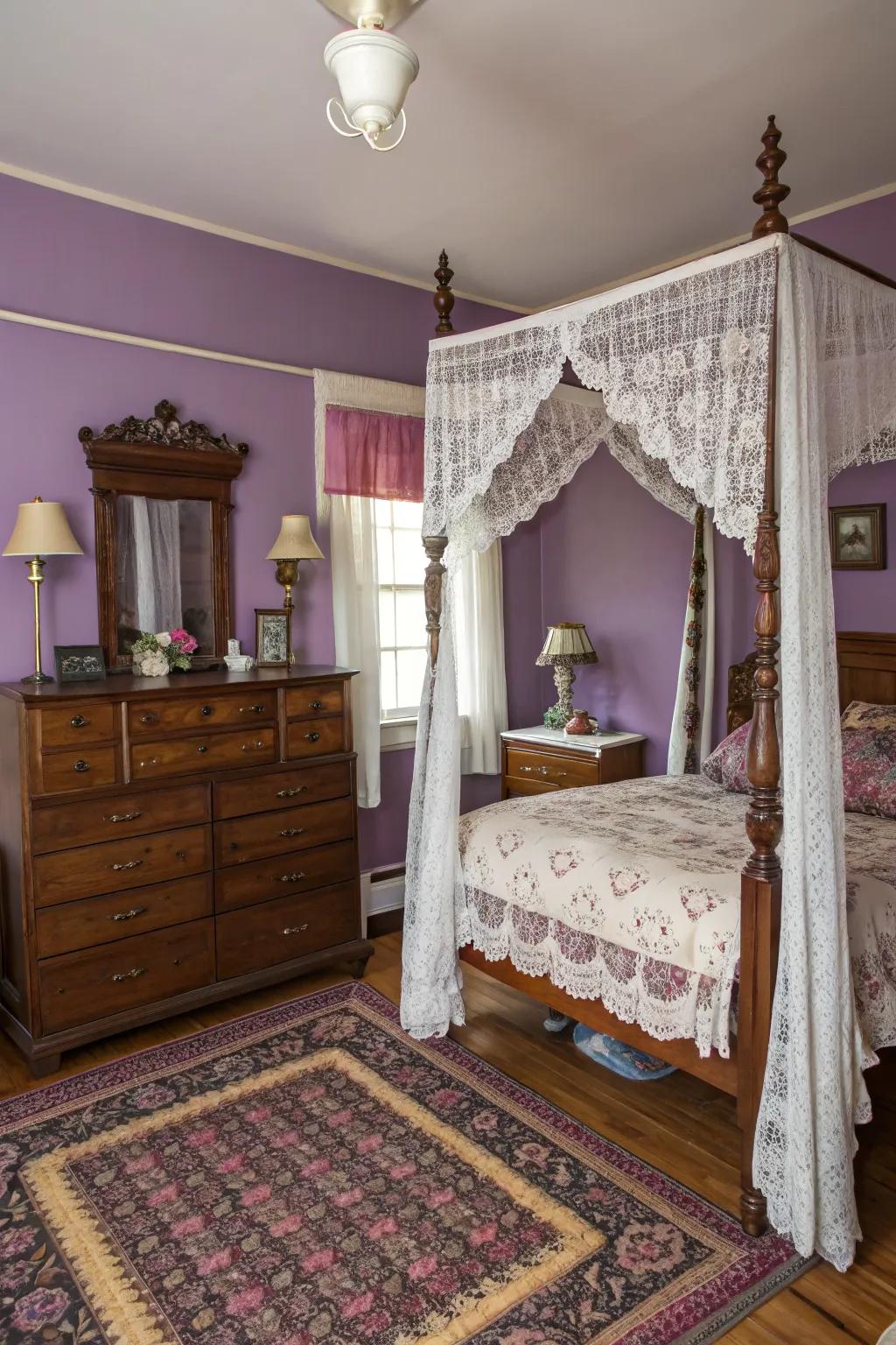 Classic elements creating a cozy atmosphere with purple walls.