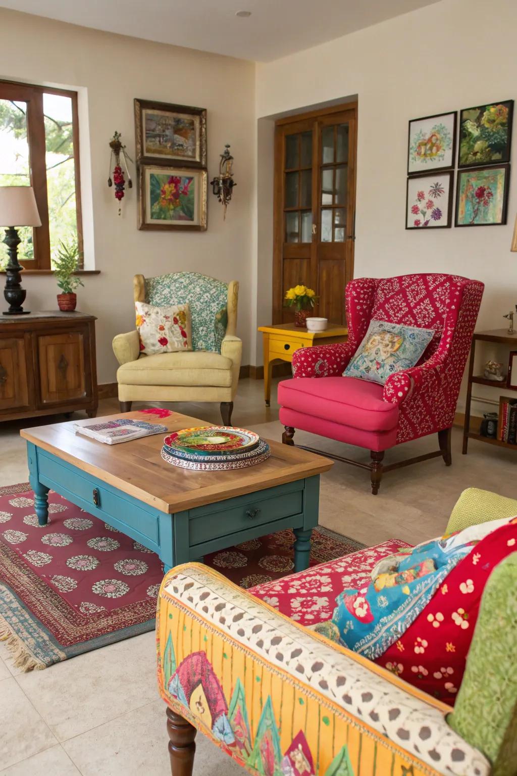 Repurposed furnishings with quirky shade applications.