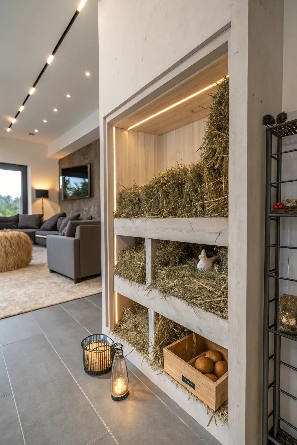A wall niche provides stylish and hidden hay storage.