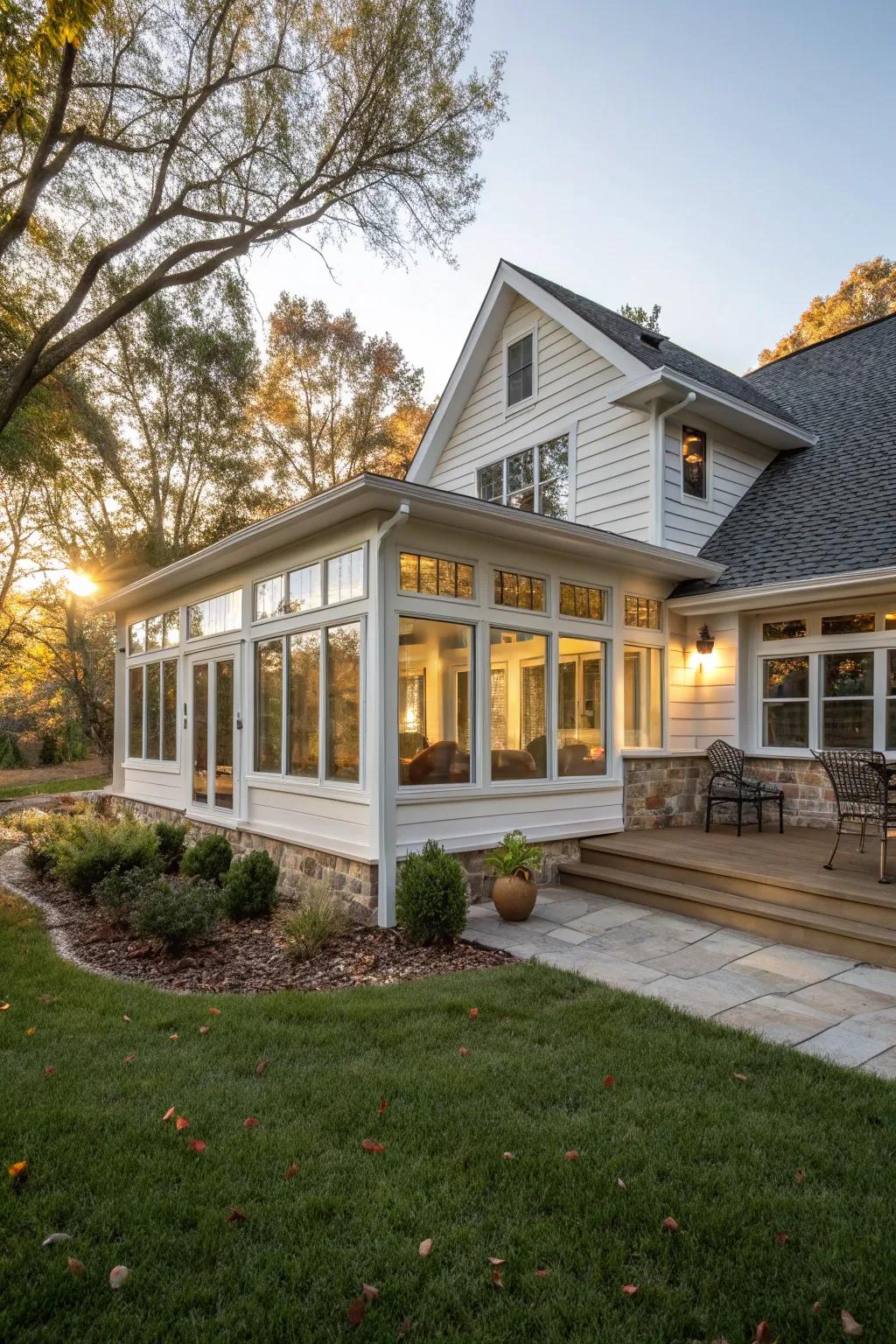 A sunroom augmentation offers extra space and abundant light in this expanded ranch house.