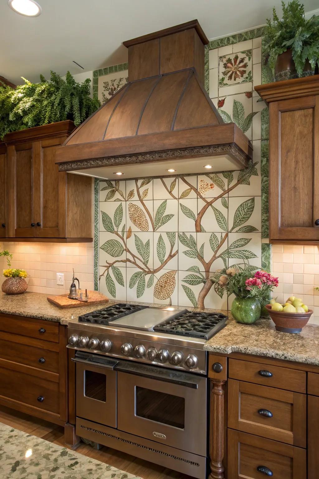 Kitchen featuring a nature-inspired tile backsplash with an earthy range hood for outdoor vibes.