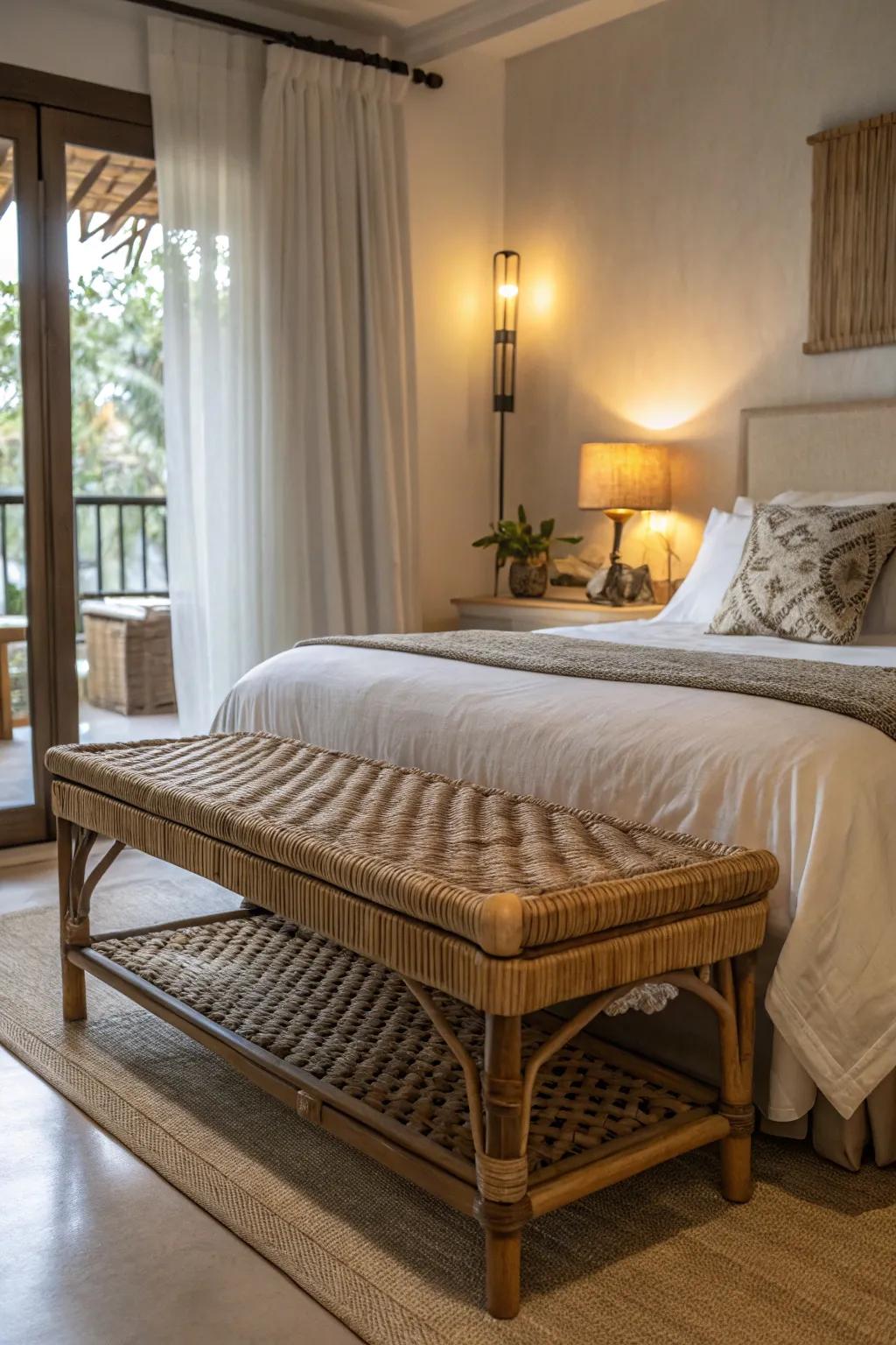 A rattan bench includes design and function to your bedroom.