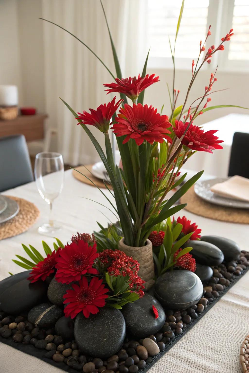 Pure display which involves charcoal pebbles plus scarlet flowers when expressing organic gracefulness.