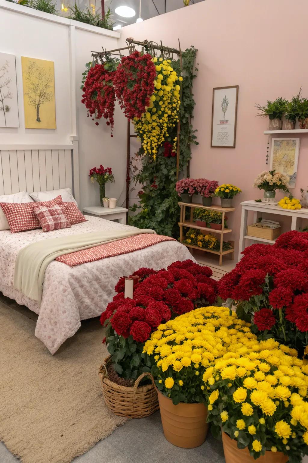 Red and yellow floral arrangements add a touch of nature and vibrancy to this bedroom.