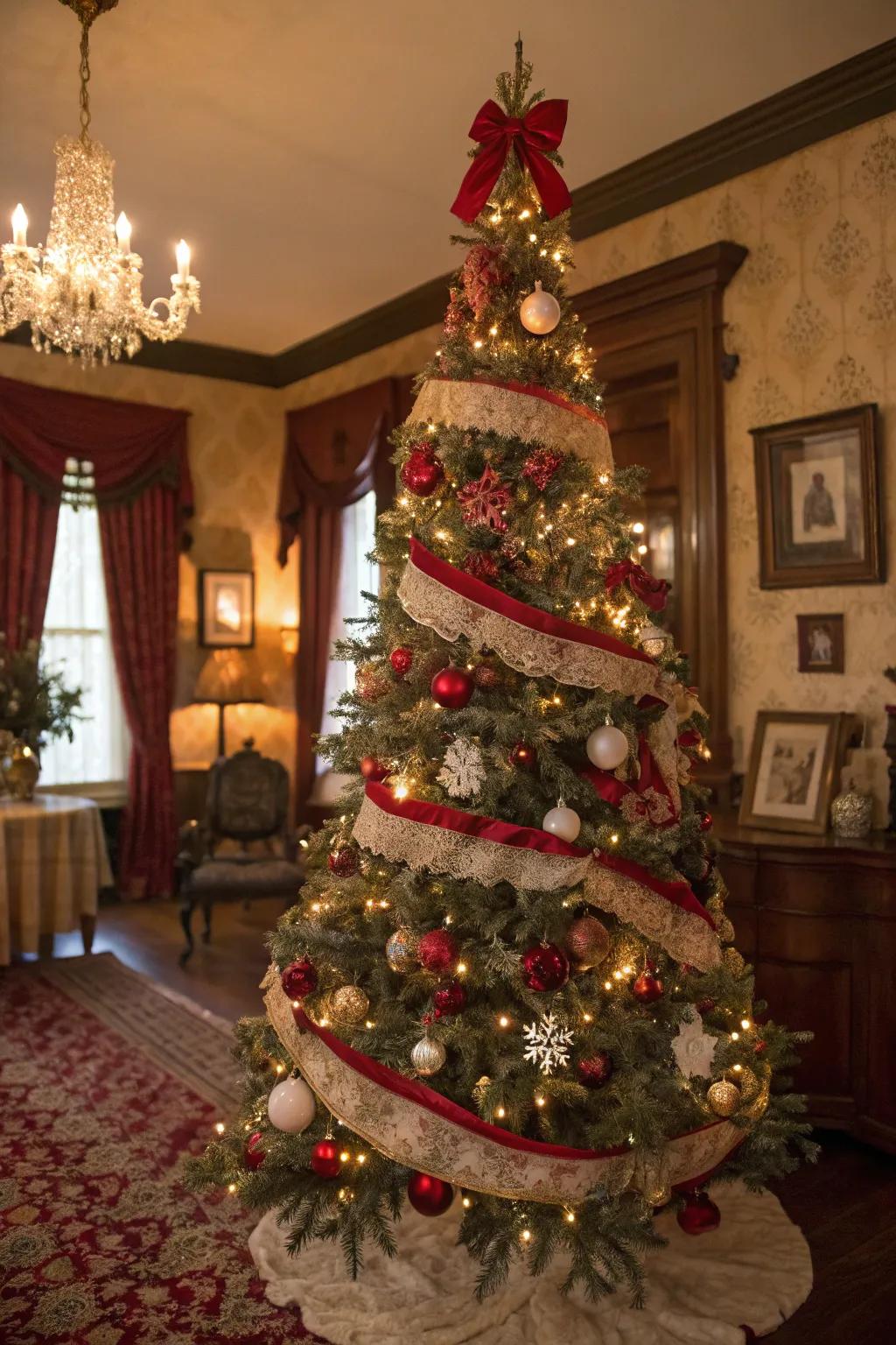 Victorian Christmas tree featuring scarlet and cream accents