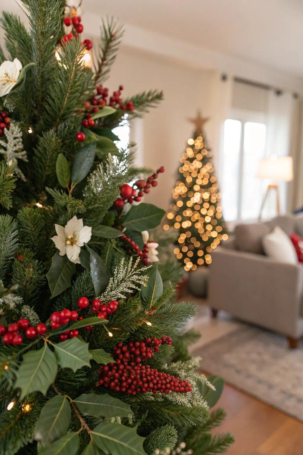Seasonal florals enhance the tree's natural charm.