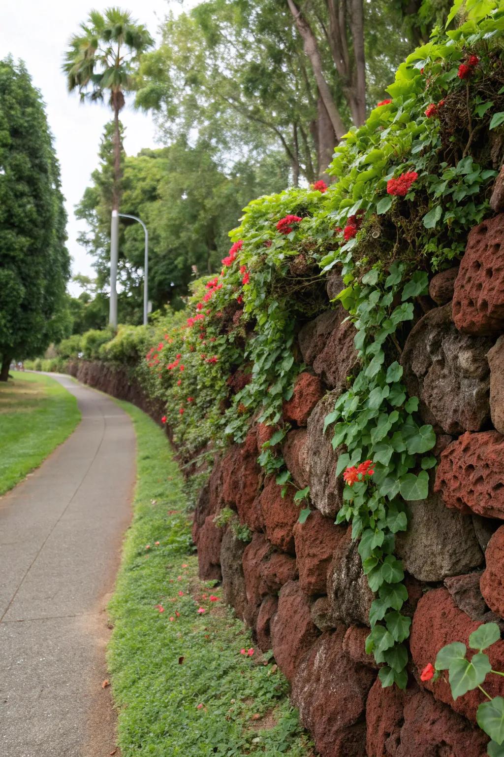 A construct-it-yourself pebble partition incorporating scarlet igneous stones contributes persona and dimension to the garden.