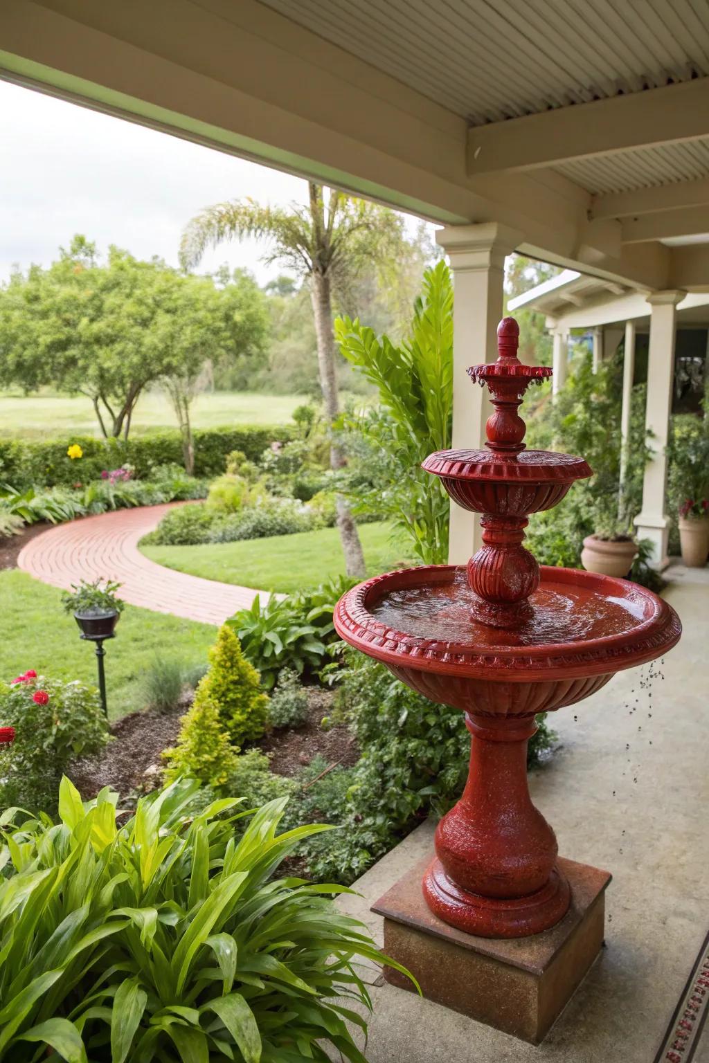 A scarlet fountain serves as a stunning patio centerpiece.