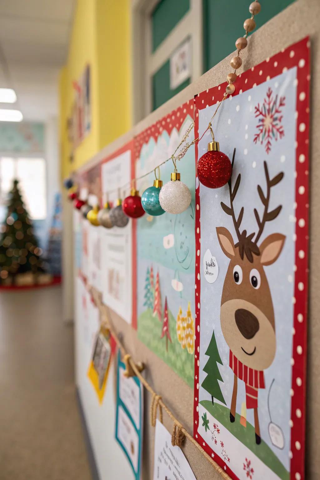 Deer and ornaments introduce festive shimmer to your display.