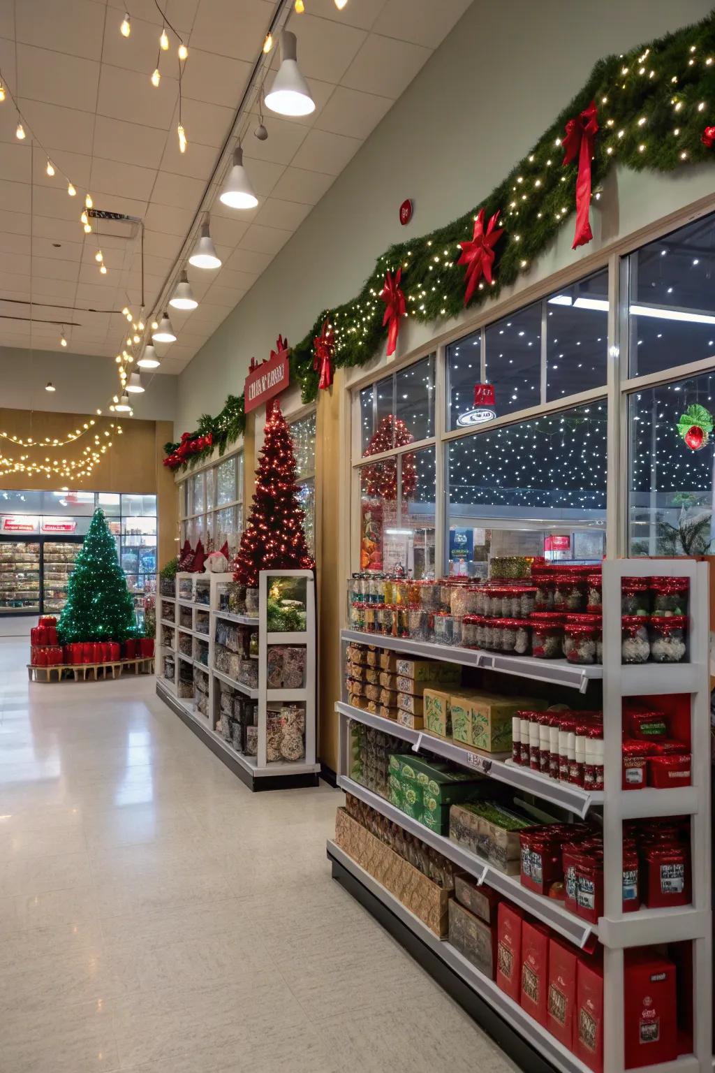 Thematic lighting amplifying a store’s promotional seasons.