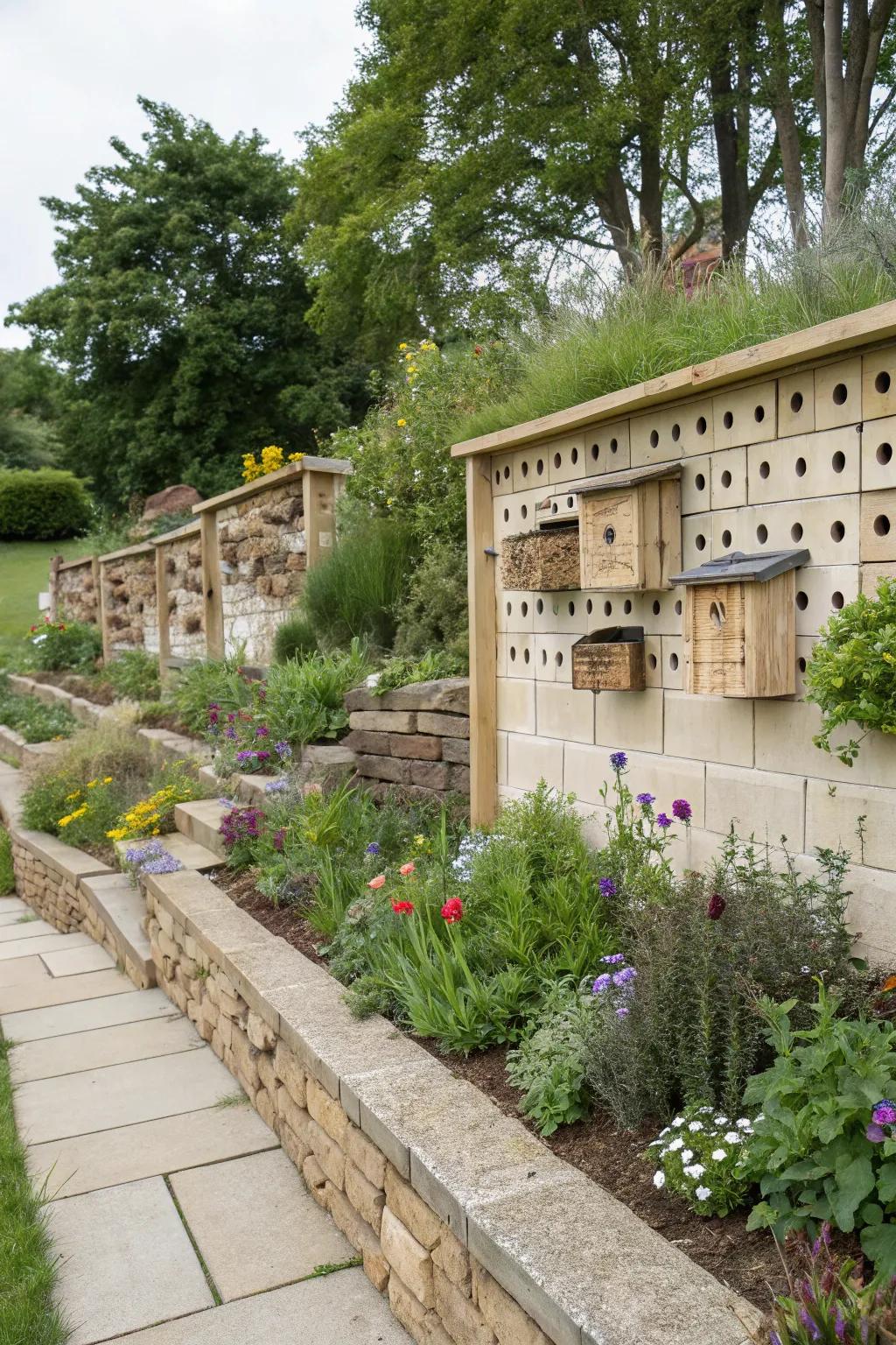 A landscape wall cleverly integrated with habitats, promoting garden biodiversity.