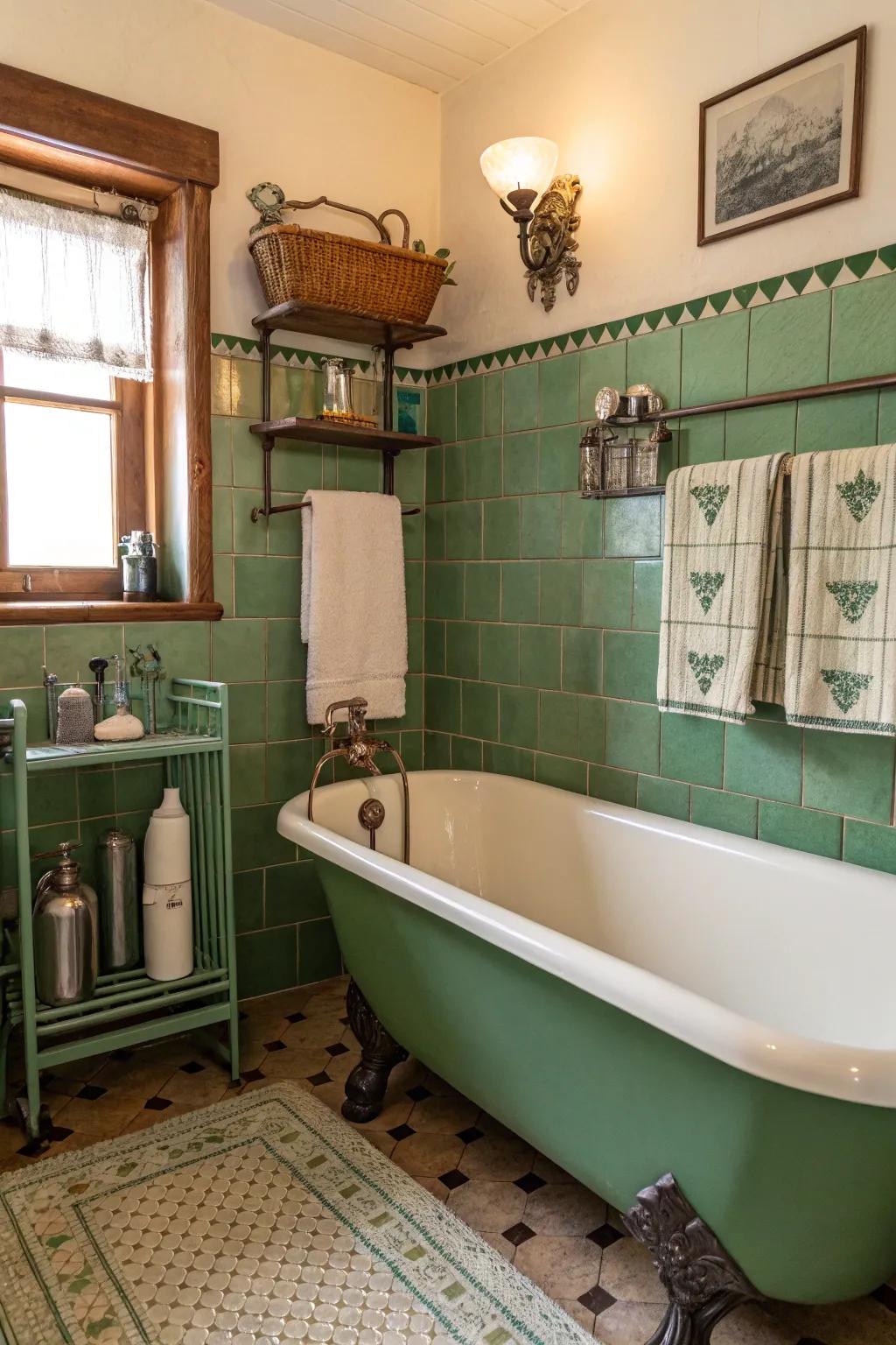 Green elements provide a refreshing yet nostalgic touch to retro design.