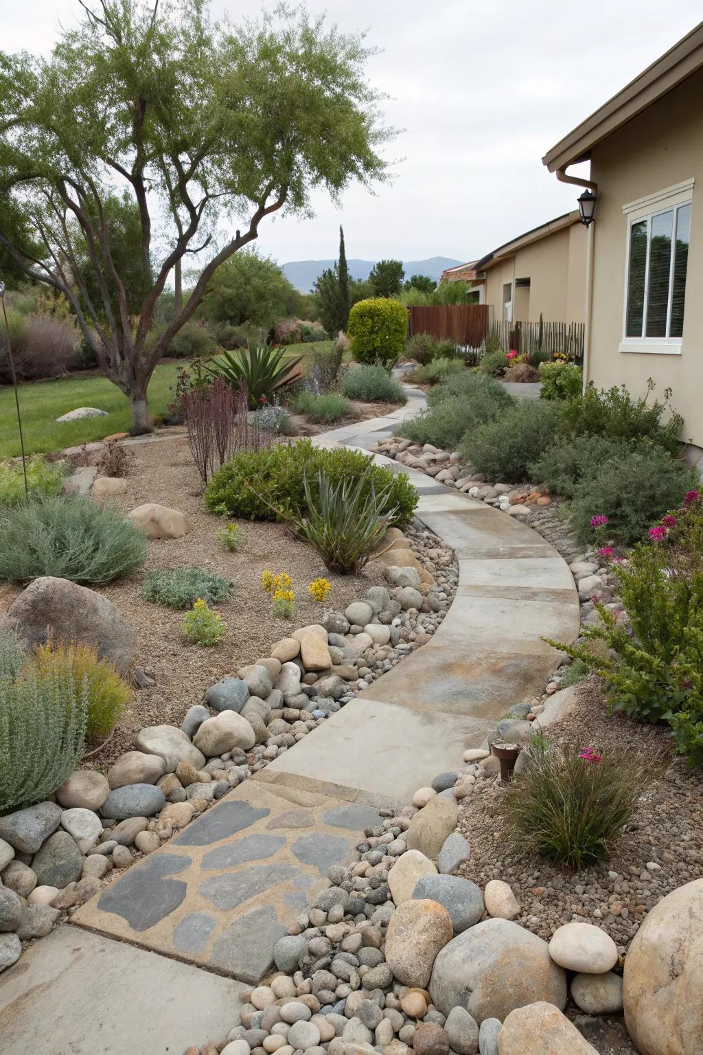 River rocks and drought-tolerant plants form an eco-friendly xeriscape.