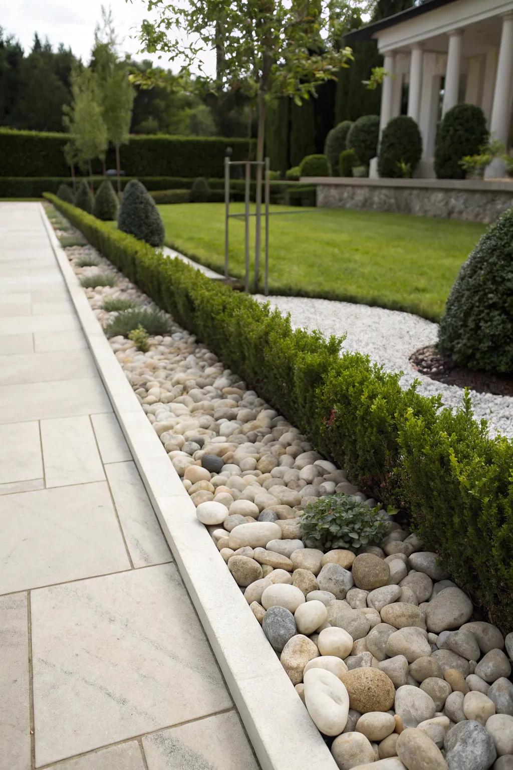 A minimalist garden border marked by a single line of uniform stones.