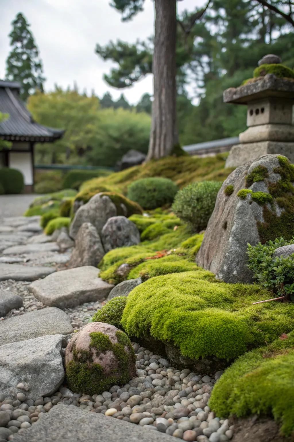 Algae softens the sight of stones, giving rich texture.