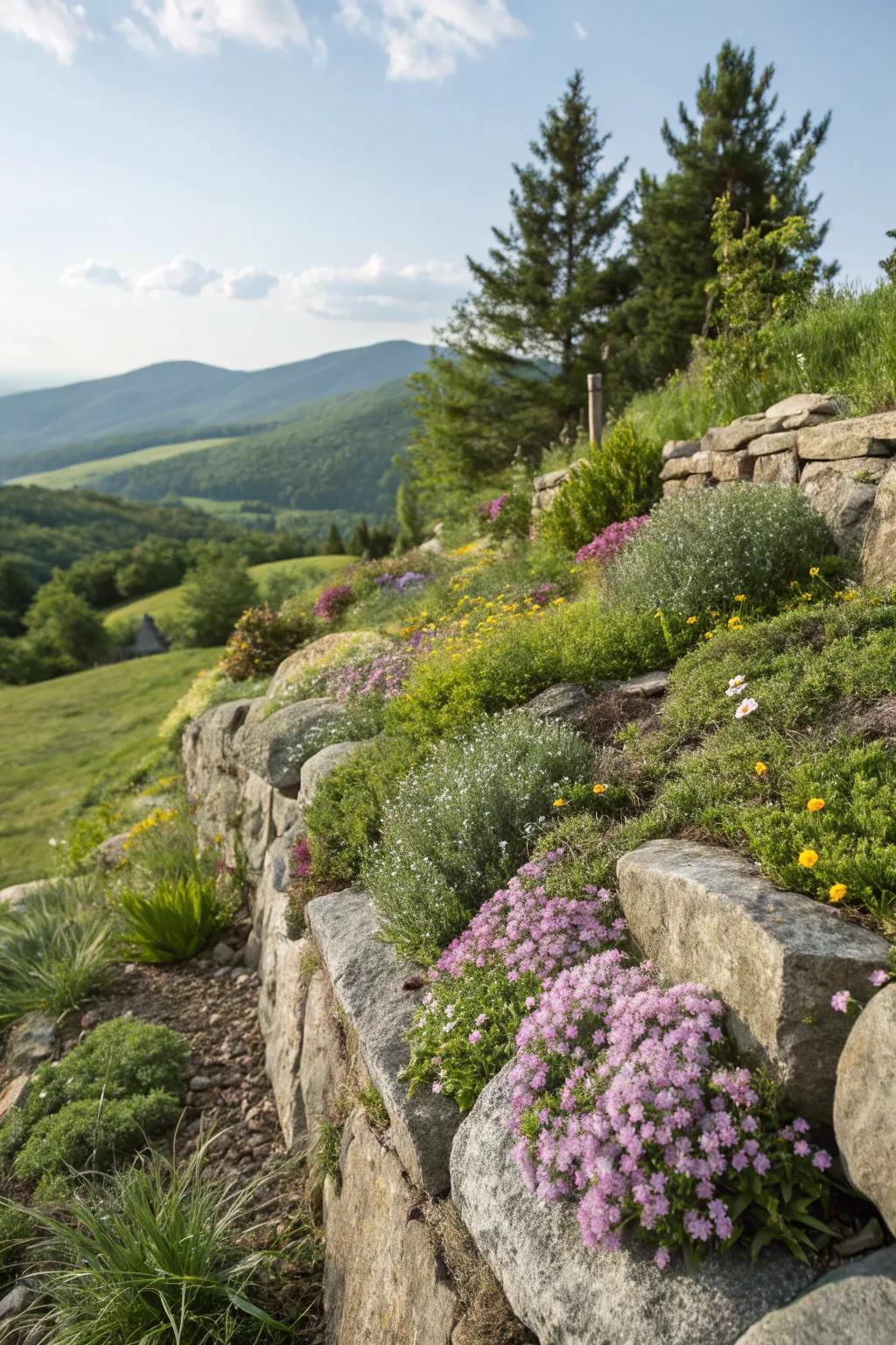 Stone walls featuring alpine vegetation fashion a singular garden haven.